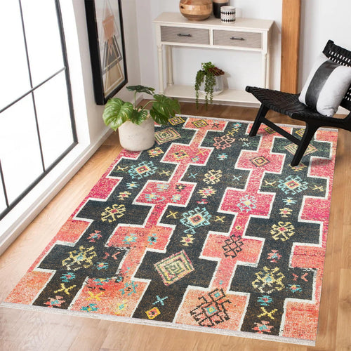 Kırmızı Etnik Modern Etnik Desenli Halı  | Makinada Yıkanabilir | Hav Toz Vermez | Leke Tutmayan | Kaymaz Taban | Dijital Makine Baskı | Salon Yolluk Mutfak Halısı