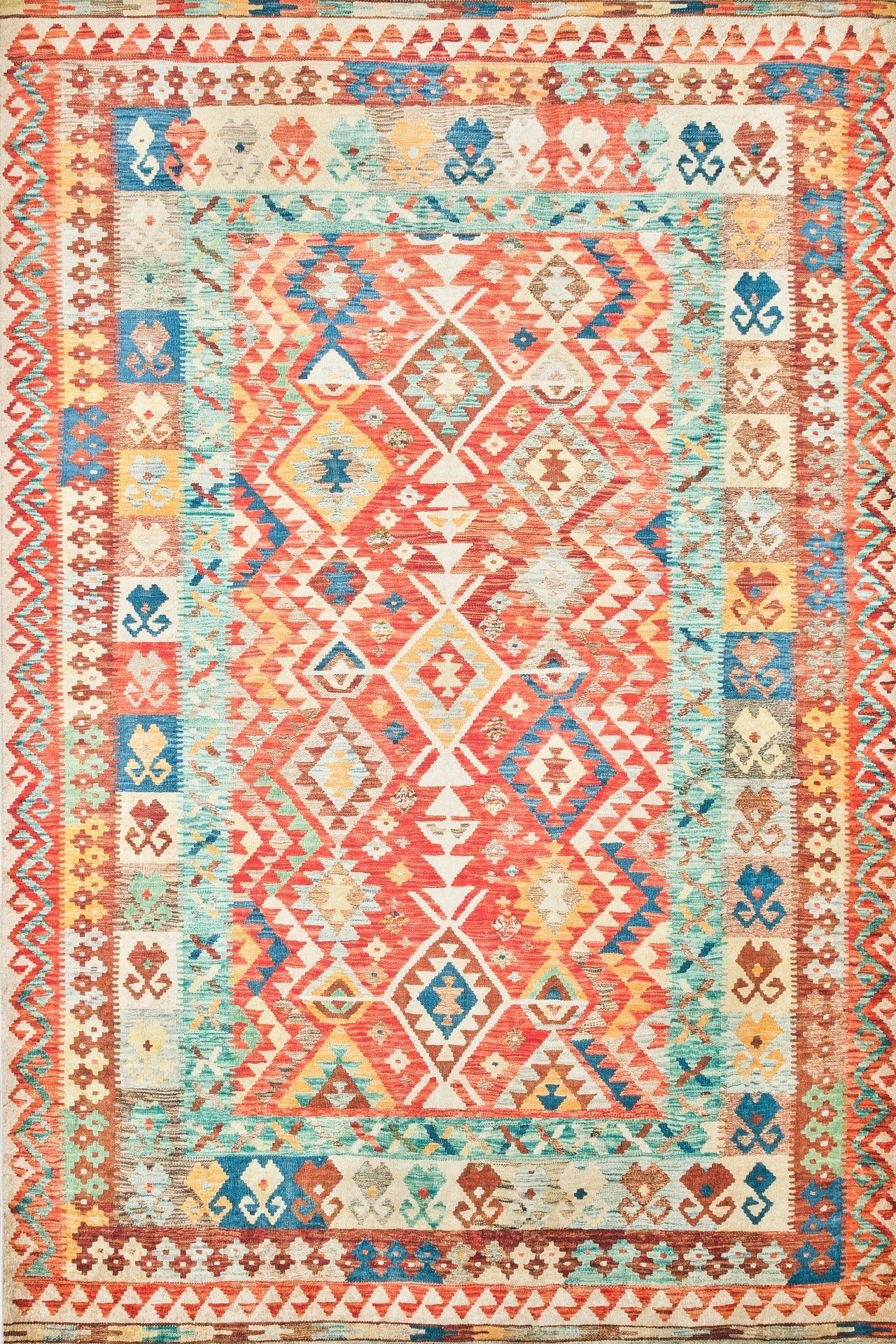 Renkli Etnik Geometrik Halı - Yıkanabilir - Kaymaz Taban - Pati Dostu