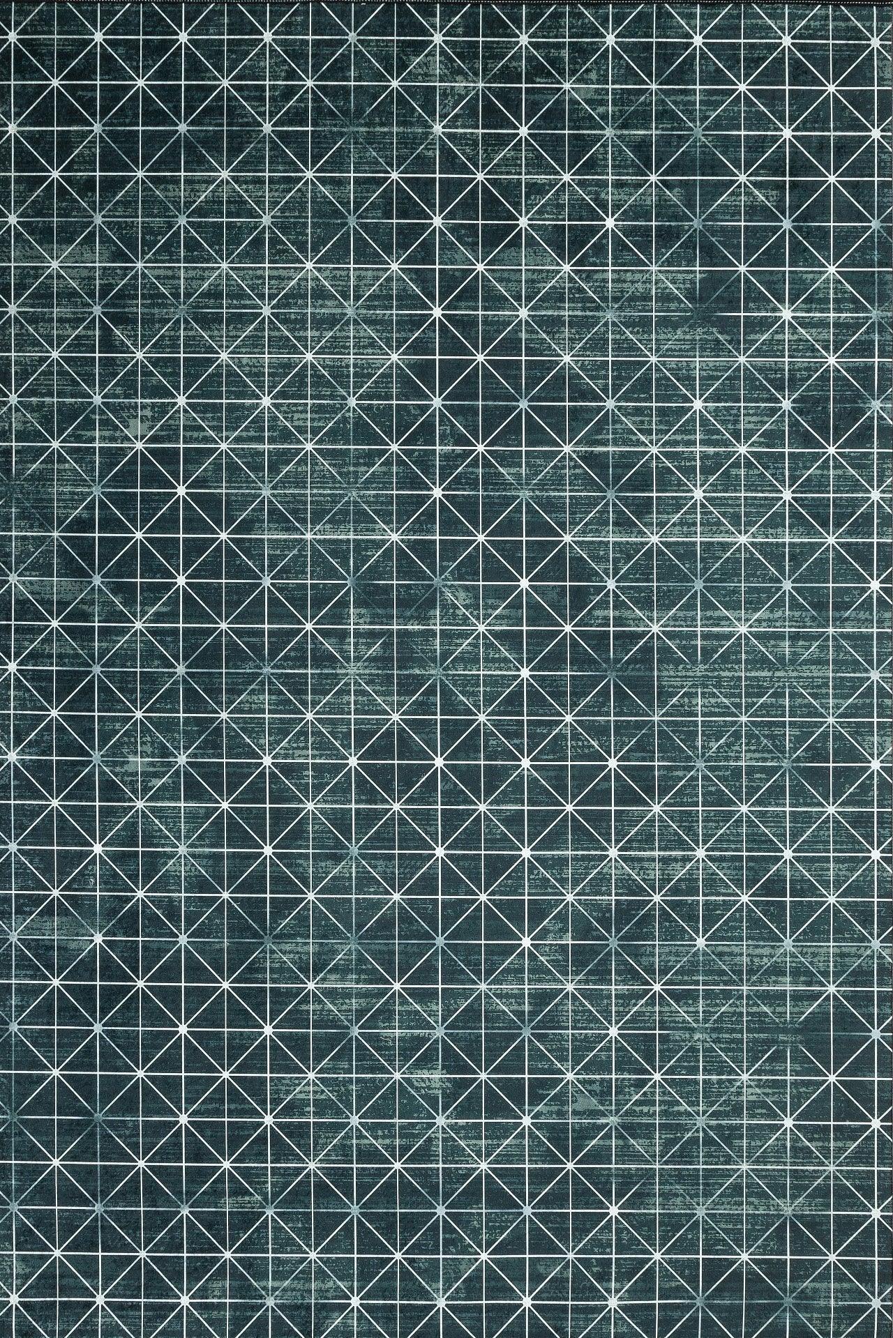 Gri Mavi Etnik Geometrik Halı - Yıkanabilir - Kaymaz Taban - Pati Dostu