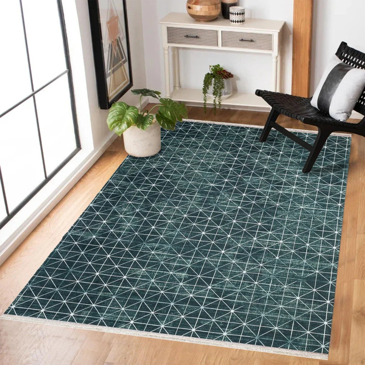 Gri Mavi Etnik Geometrik Halı - Yıkanabilir - Kaymaz Taban - Pati Dostu