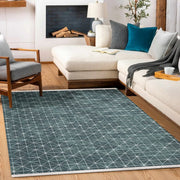 Gri Mavi Etnik Geometrik Halı - Yıkanabilir - Kaymaz Taban - Pati Dostu