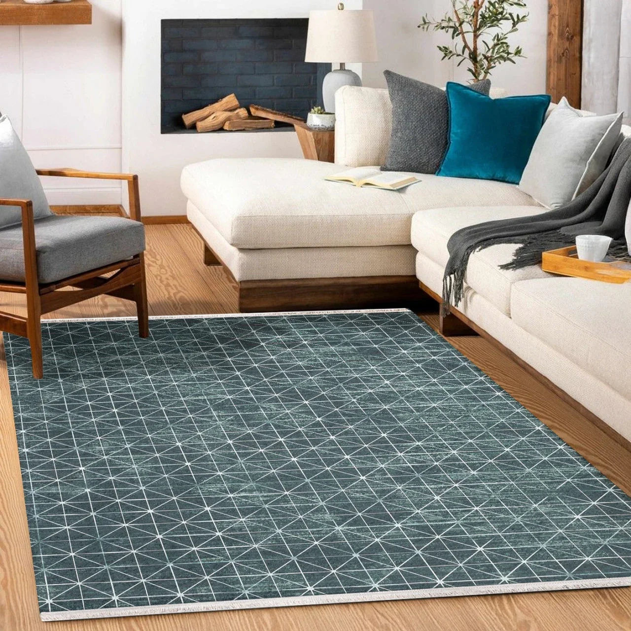 Gri Mavi Etnik Geometrik Halı - Yıkanabilir - Kaymaz Taban - Pati Dostu