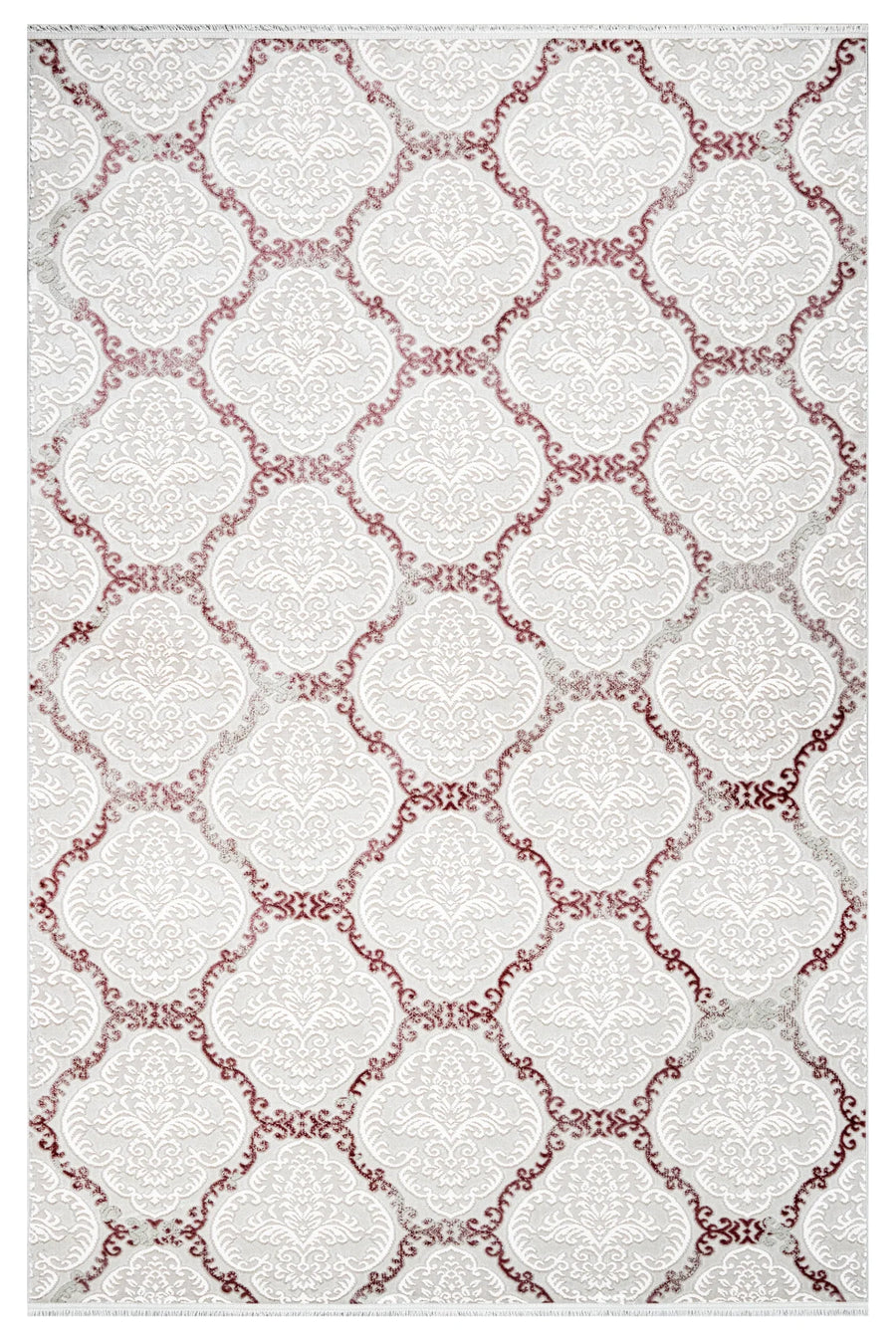 Cremefarbener Teppich mit Bordeaux-rotem Muster – im Wohnzimmer