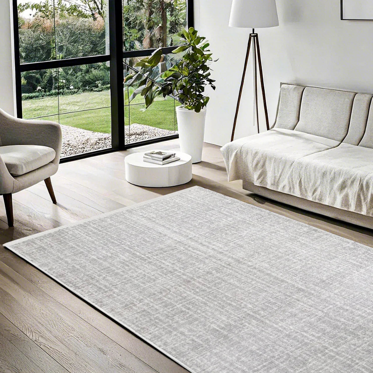 Beyaz Gri Dokulu Minimalist Halı - Yıkanabilir - Kaymaz Taban - Pati Dostu