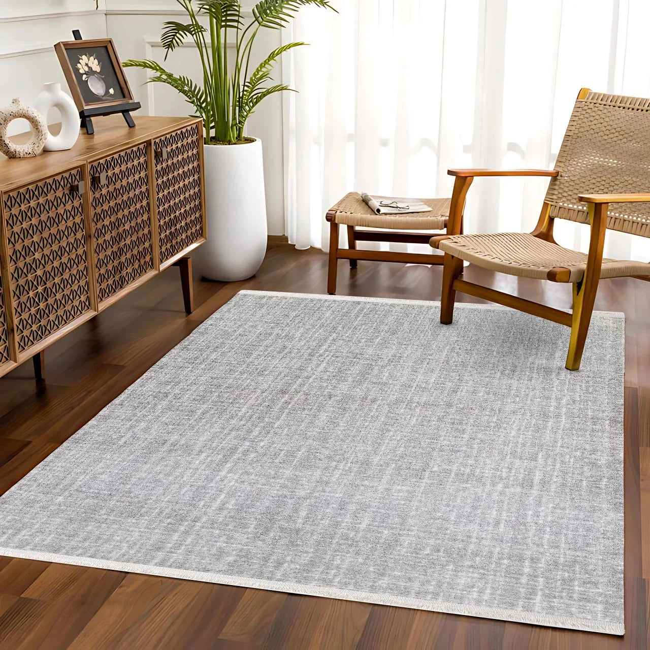Beyaz Gri Dokulu Minimalist Halı - Yıkanabilir - Kaymaz Taban - Pati Dostu