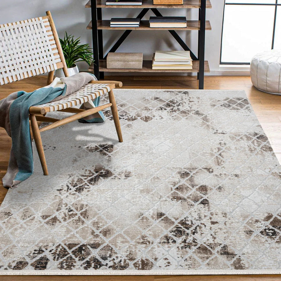 Beyaz Gri Geometrik Minimalist Triko Halı - Pati Dostu - Toz Vermez