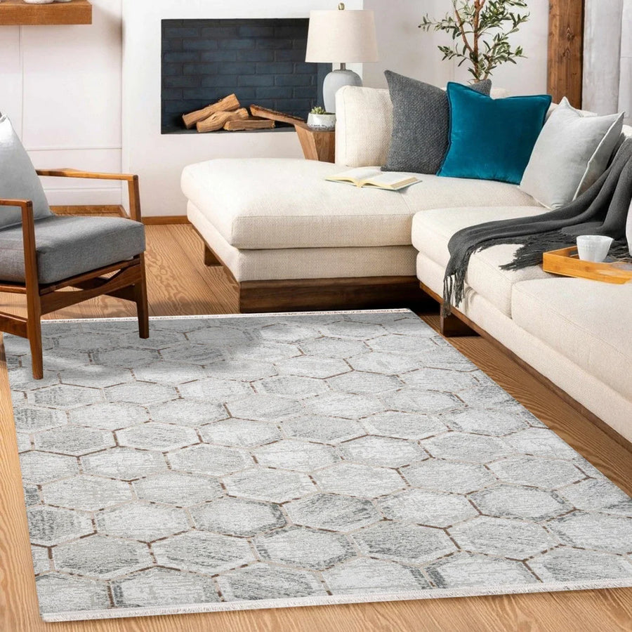 Gri Geometrik Modern Triko Halı - Pati Dostu - Toz Vermez