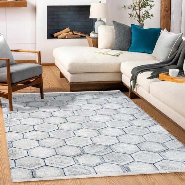 Beyaz Gri Geometrik Geometrik Desenli Halı - Yıkanabilir - Kaymaz Taban - Pati Dostu