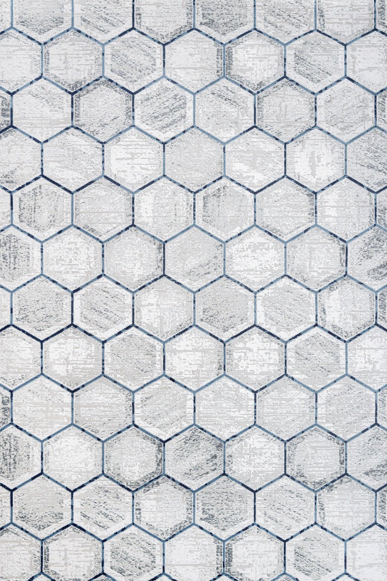 Beyaz Gri Geometrik Geometrik Desenli Halı - Yıkanabilir - Kaymaz Taban - Pati Dostu