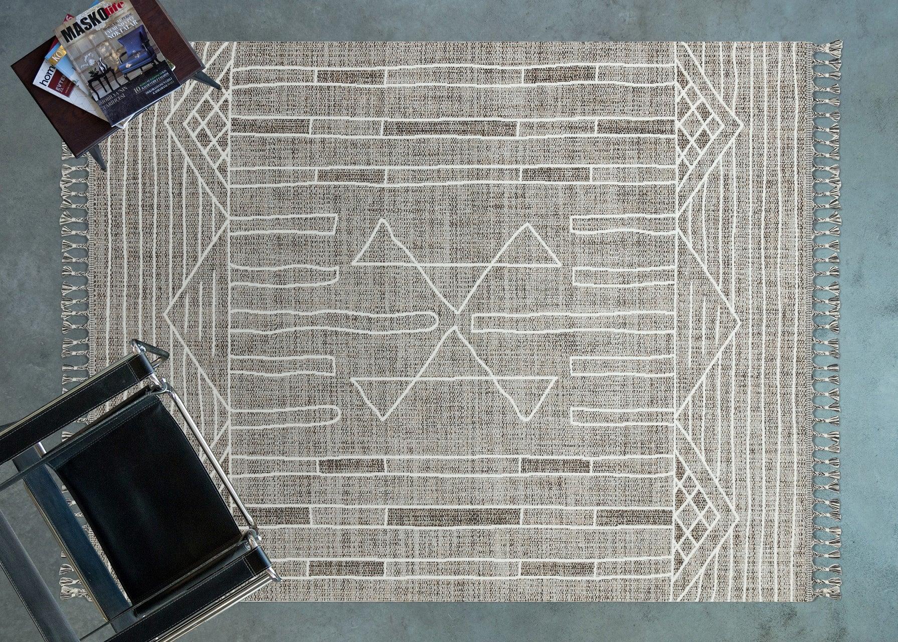 Gri Krem Etnik Geometrik Halı - Yıkanabilir - Kaymaz Taban - Pati Dostu