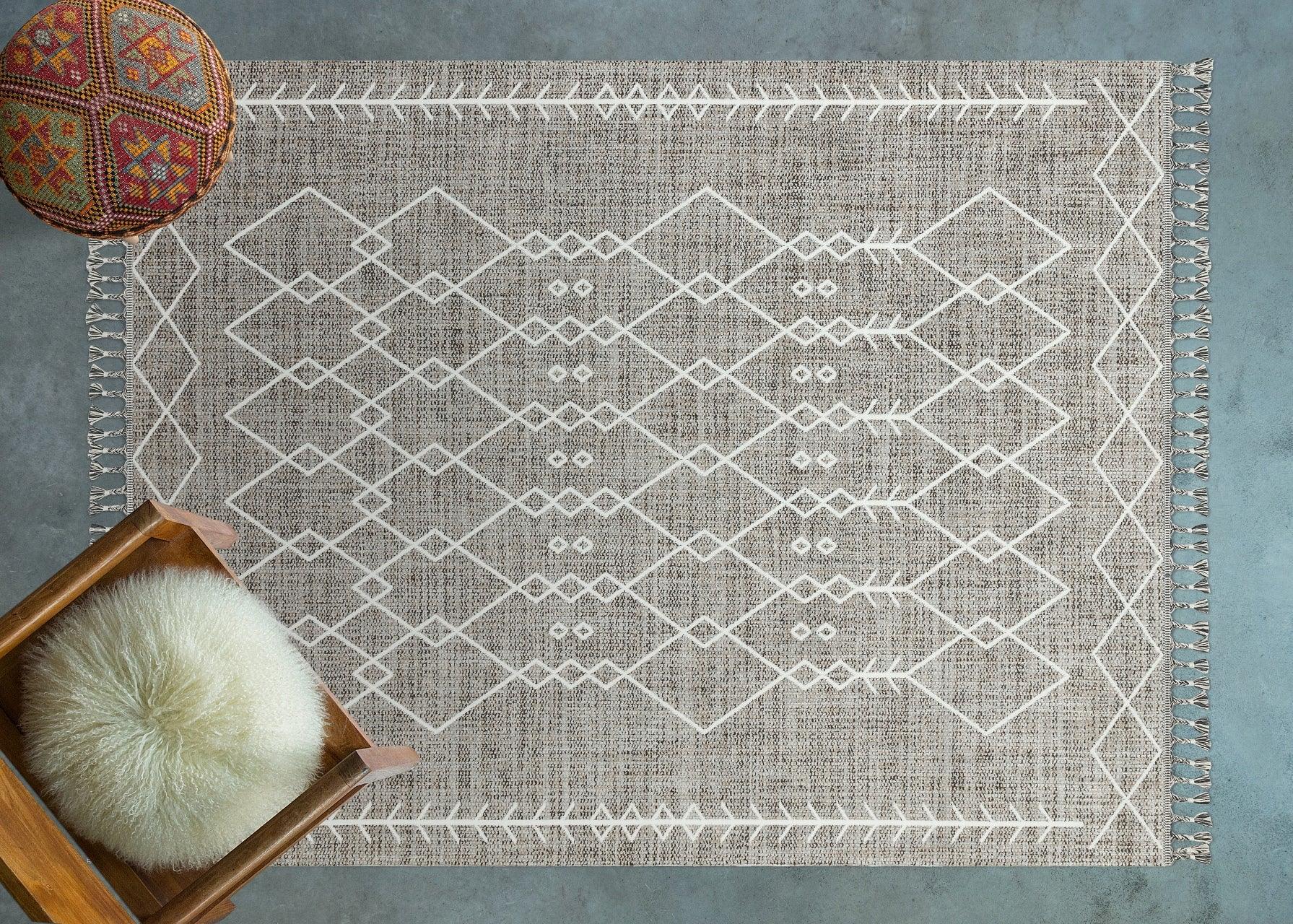 Gri Krem Baklava Geometrik Halı - Yıkanabilir - Kaymaz Taban - Pati Dostu