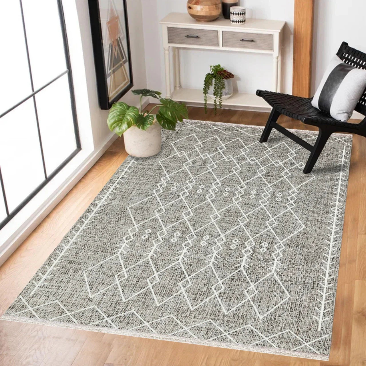 Gri Krem Baklava Geometrik Halı - Yıkanabilir - Kaymaz Taban - Pati Dostu