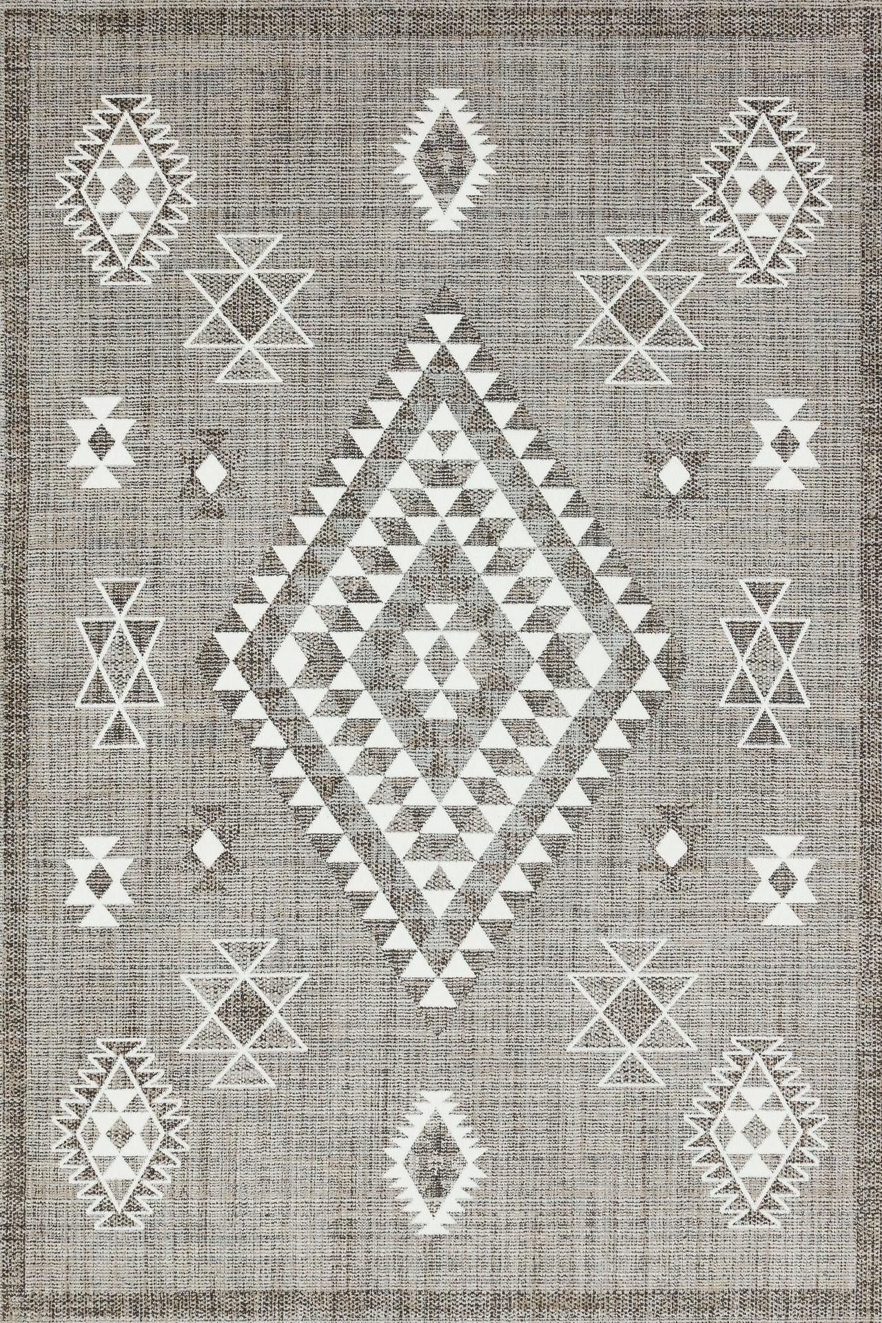 Beyaz Gri Etnik Geometrik Halı - Yıkanabilir - Kaymaz Taban - Pati Dostu