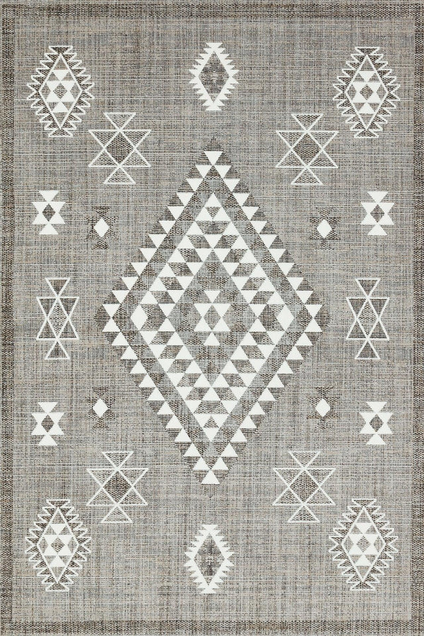 Beyaz Gri Etnik Geometrik Halı - Yıkanabilir - Kaymaz Taban - Pati Dostu