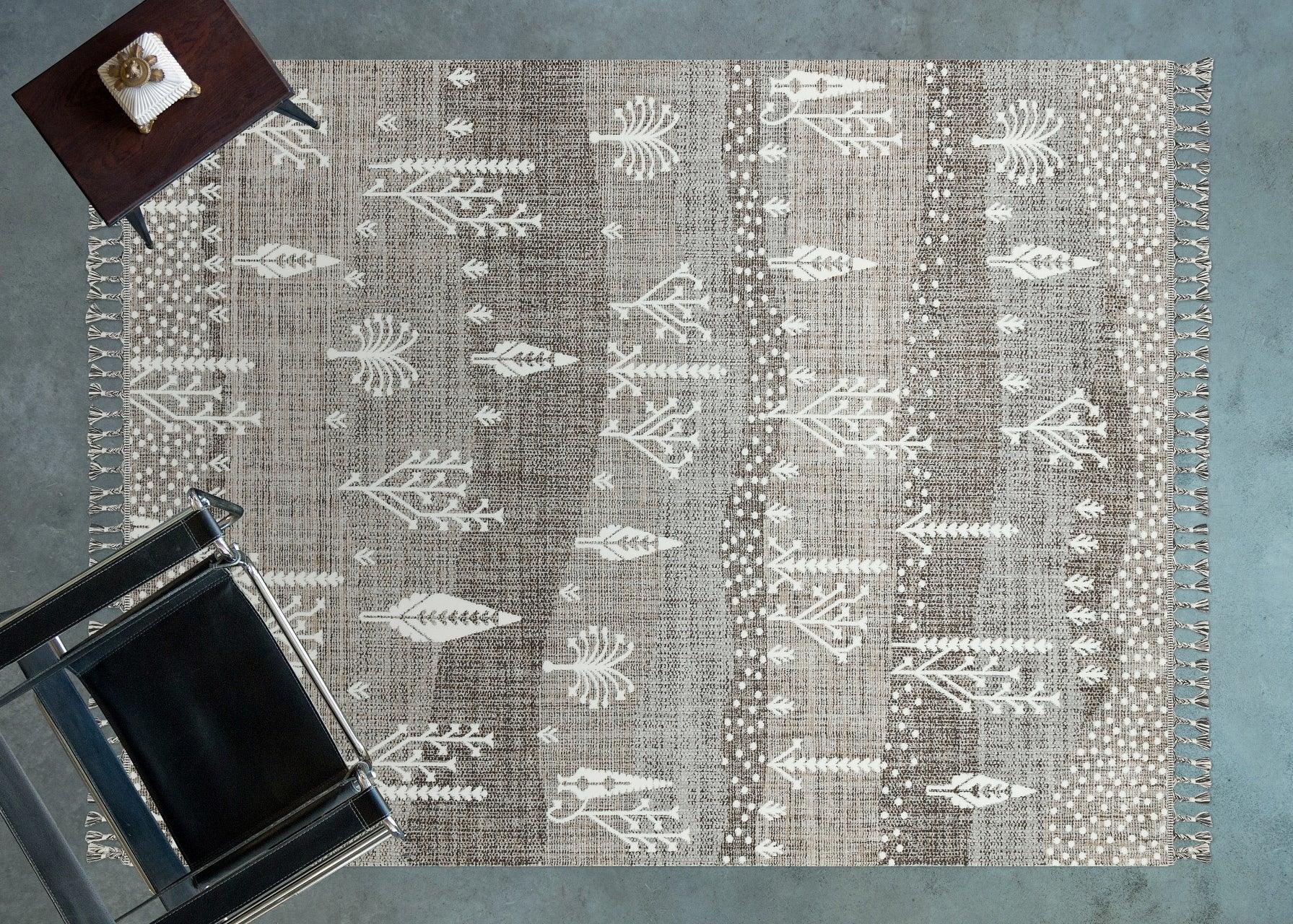 Beyaz Gri Etnik Modern Halı - Yıkanabilir - Kaymaz Taban - Pati Dostu