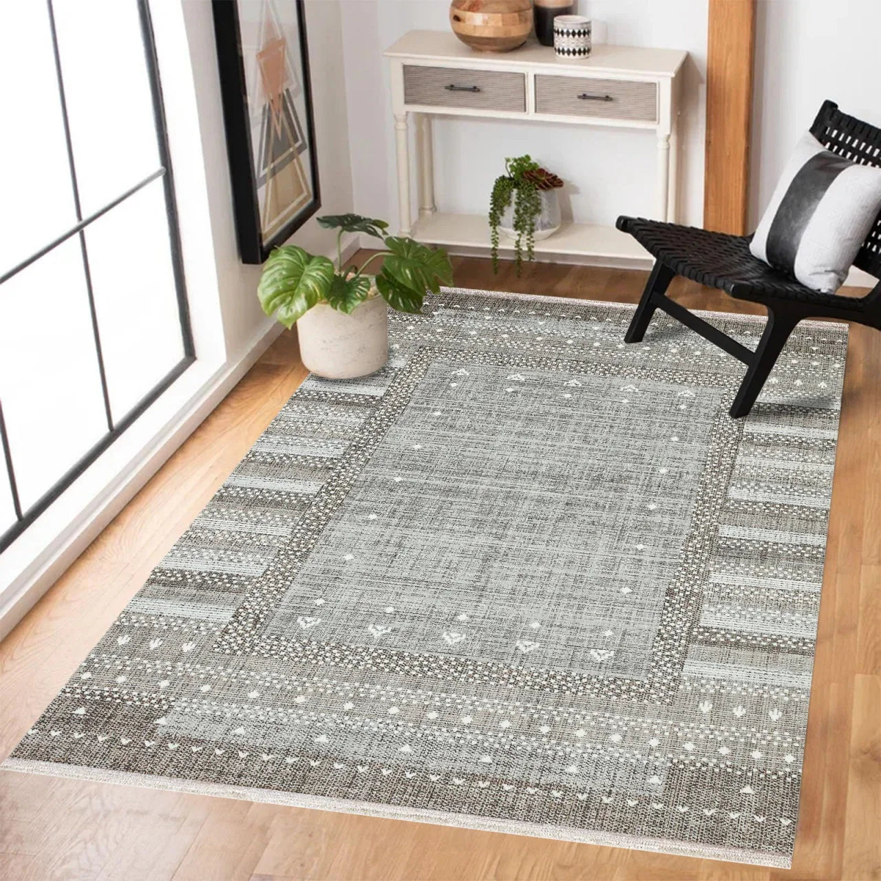 Gri Vizon Bordürlü Modern Halı - Yıkanabilir - Kaymaz Taban - Pati Dostu