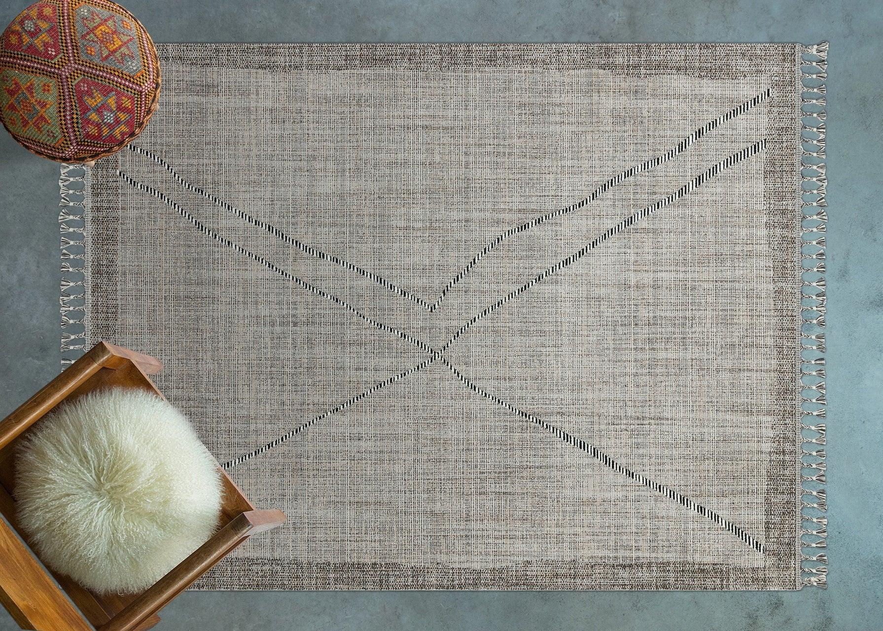 Gri Krem Geometrik Modern Halı - Yıkanabilir - Kaymaz Taban - Pati Dostu