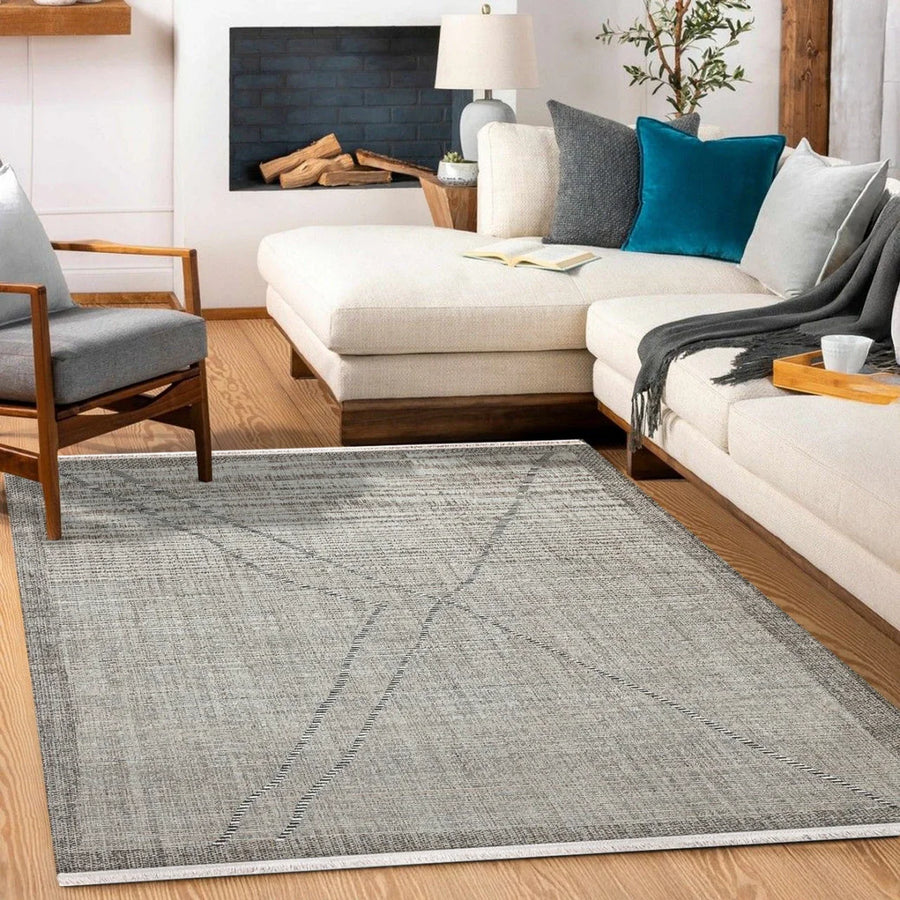 Gri Krem Geometrik Modern Halı - Yıkanabilir - Kaymaz Taban - Pati Dostu
