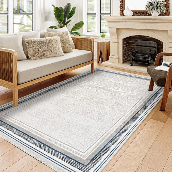 Beyaz Gri Bordürlü Minimalist Halı - Yıkanabilir - Kaymaz Taban - Pati Dostu