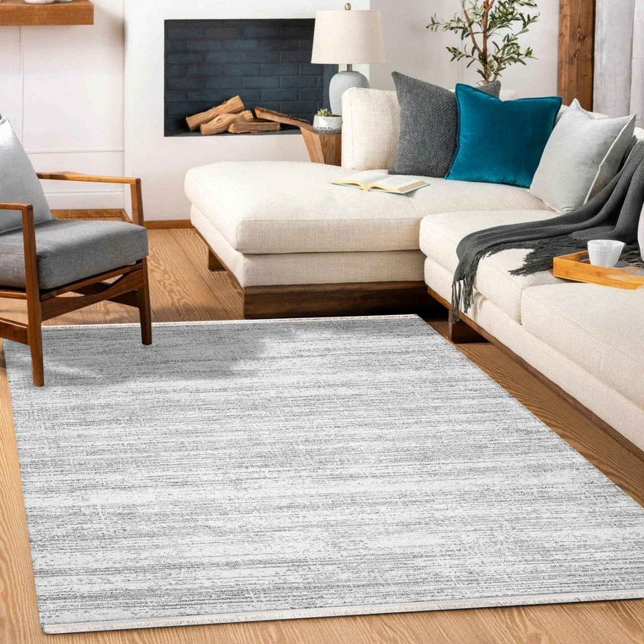 Beyaz Gri Düz Minimalist Halı - Yıkanabilir - Kaymaz Taban - Pati Dostu