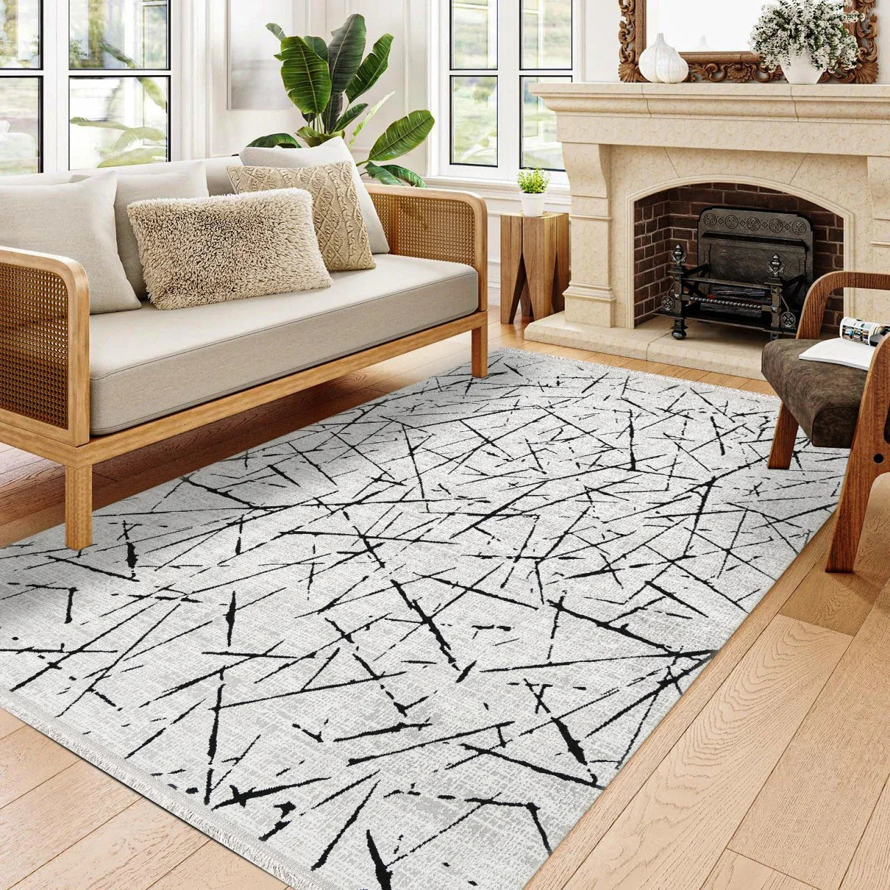 Antrasit Gri Geometrik Minimalist Halı - Yıkanabilir - Kaymaz Taban - Pati Dostu