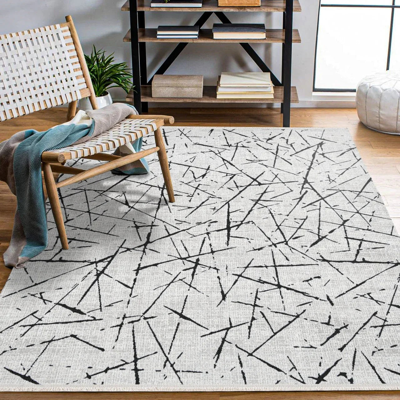 Antrasit Gri Geometrik Minimalist Halı - Yıkanabilir - Kaymaz Taban - Pati Dostu