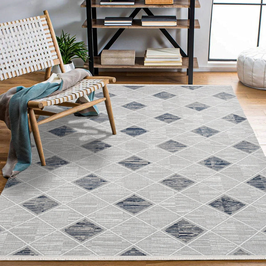 Beyaz Gri Geometrik Minimalist Triko Halı - Pati Dostu - Toz Vermez