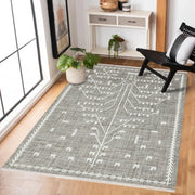 Gri Krem Modern Çiçekli Halı - Yıkanabilir - Kaymaz Taban - Pati Dostu