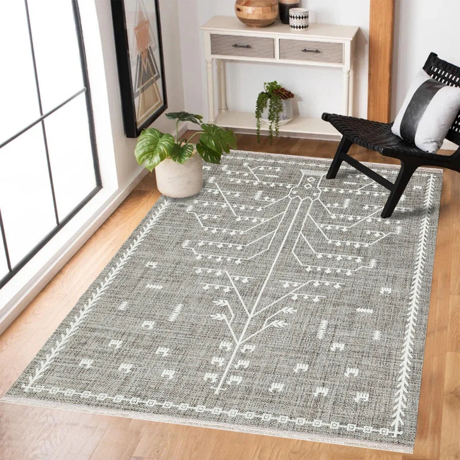 Gri Krem Modern Çiçekli Halı - Yıkanabilir - Kaymaz Taban - Pati Dostu