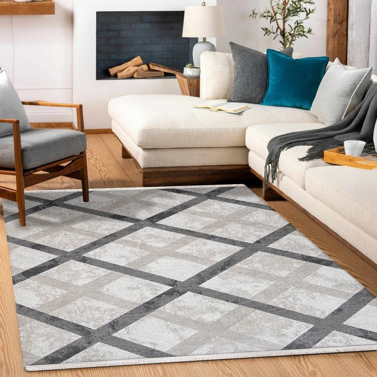 Antrasit Gri Geometrik Kareli Halı - Yıkanabilir - Kaymaz Taban - Pati Dostu