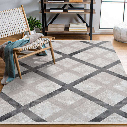 Sierra Gri Krem Bej Geometrik Polyester Makine Halısı