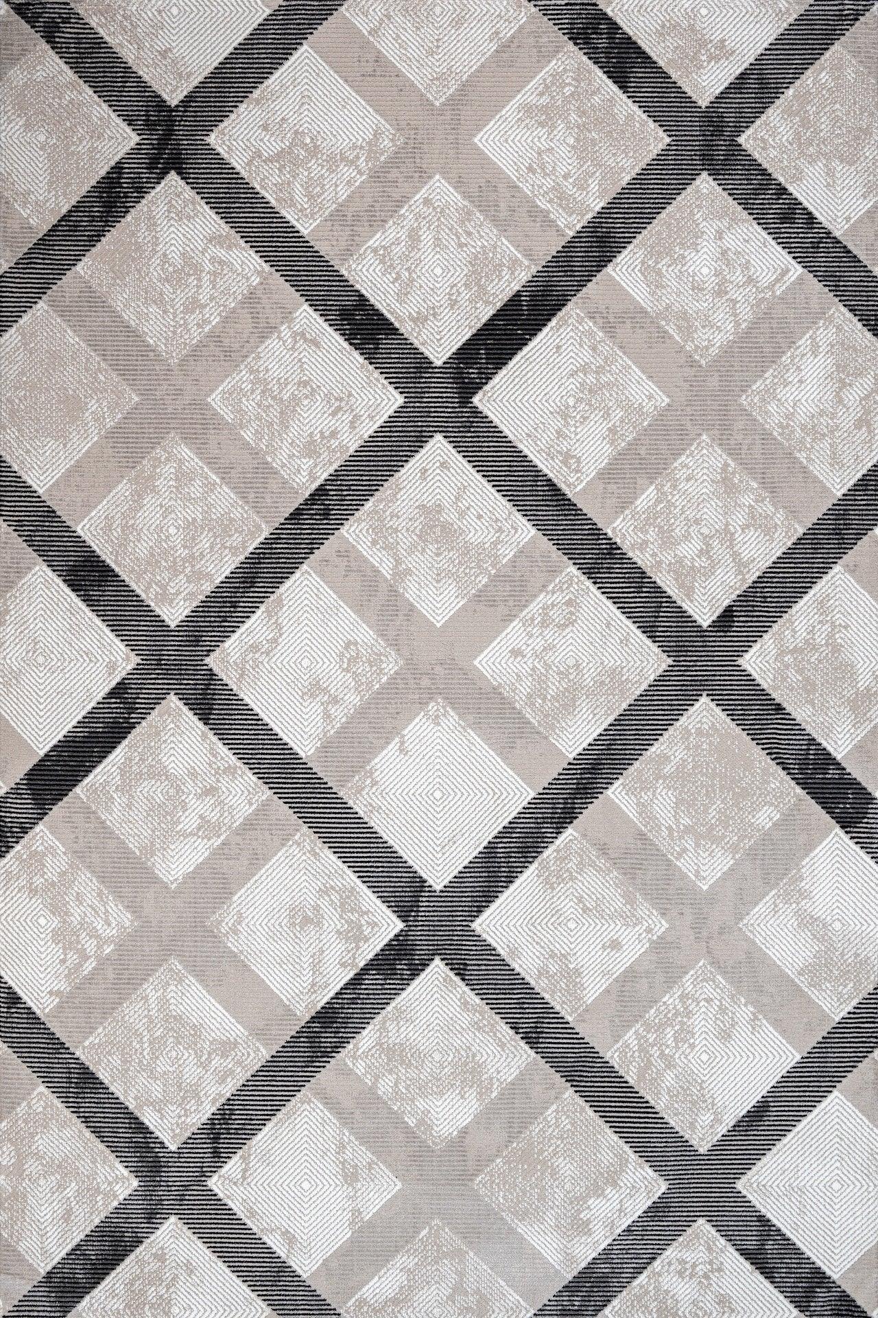 Antrasit Gri Geometrik Kareli Halı - Yıkanabilir - Kaymaz Taban - Pati Dostu