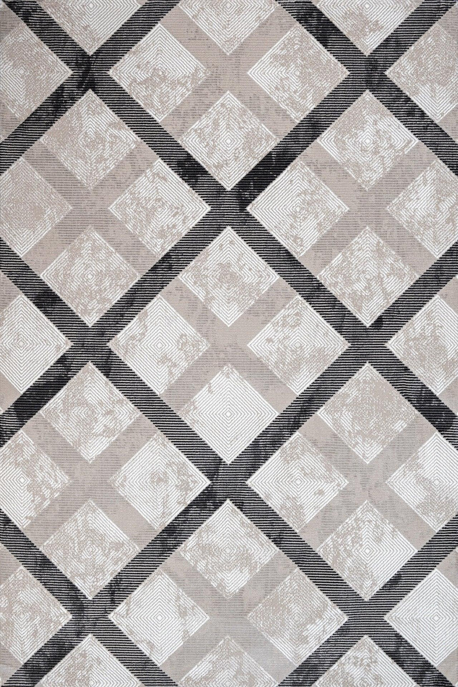 Antrasit Gri Geometrik Kareli Halı - Yıkanabilir - Kaymaz Taban - Pati Dostu