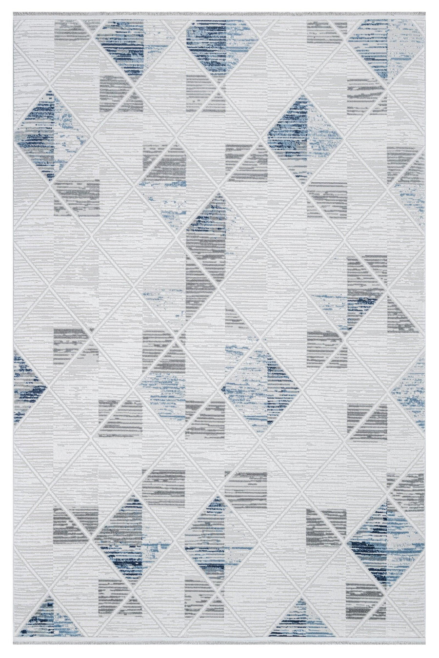 Weißer Teppich mit blau-grauem geometrischem Muster – im Wohnzimmer