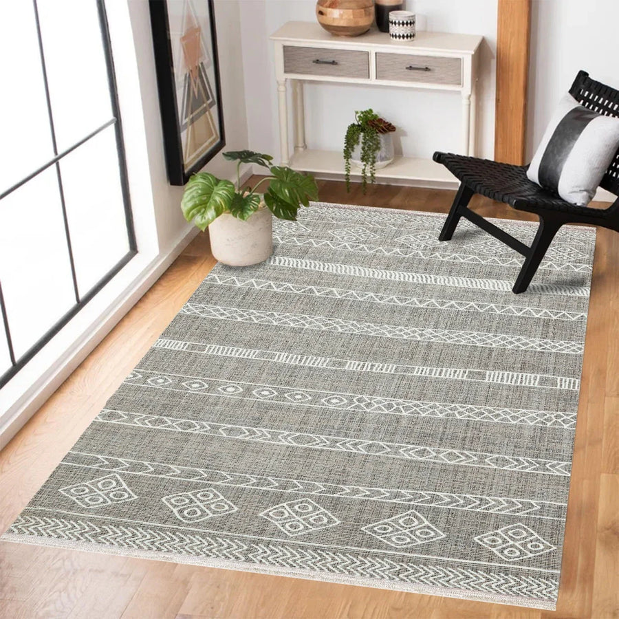Gri Krem Etnik Modern Halı - Yıkanabilir - Kaymaz Taban - Pati Dostu