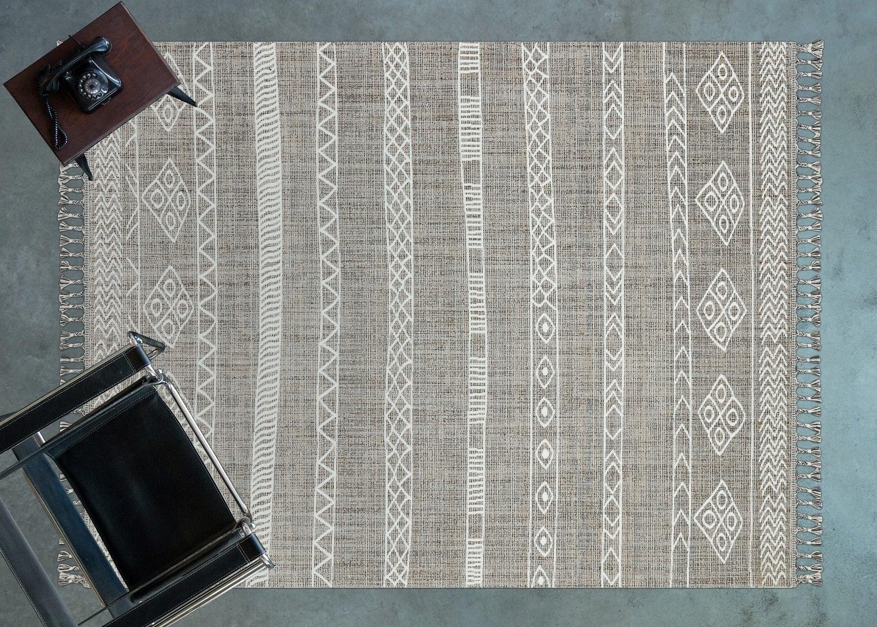 Gri Krem Etnik Modern Halı - Yıkanabilir - Kaymaz Taban - Pati Dostu