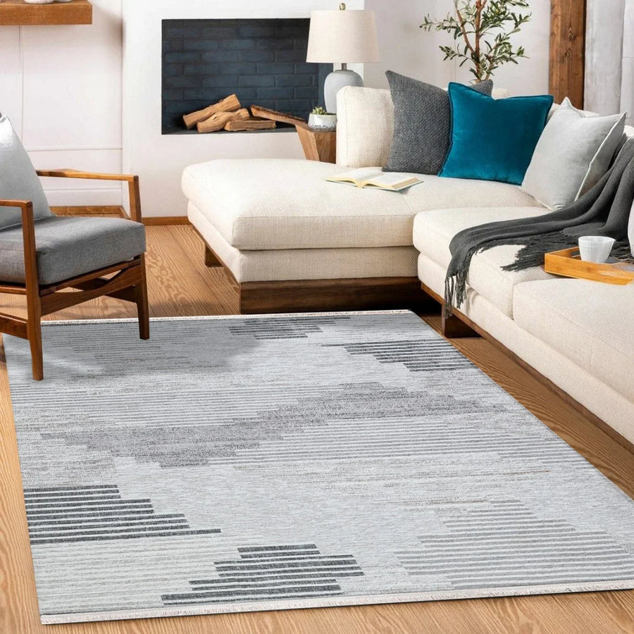 Beyaz Gri Geometrik Modern Halı - Yıkanabilir - Kaymaz Taban - Pati Dostu