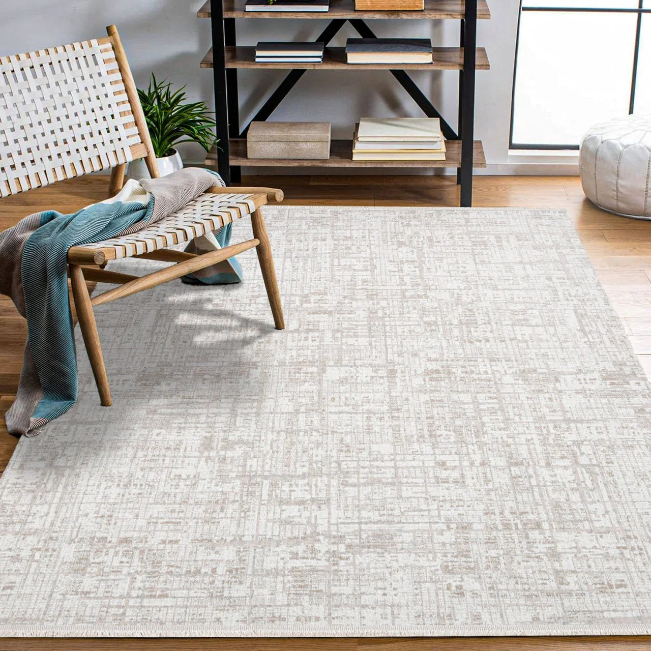 Beyaz Ekru Dokulu Minimalist Halı - Yıkanabilir - Kaymaz Taban - Pati Dostu