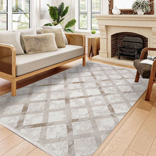 Jazlyn Krem Geometrik Polyester Makine Halısı