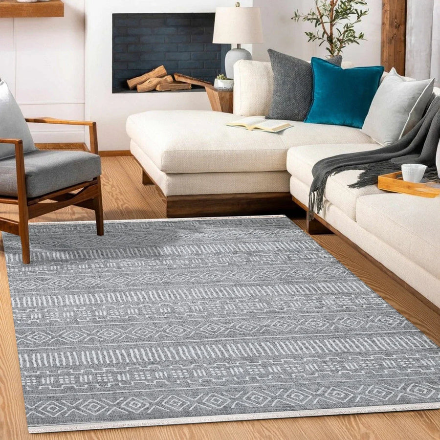 Beyaz Gri Etnik Modern Halı - Yıkanabilir - Kaymaz Taban - Pati Dostu