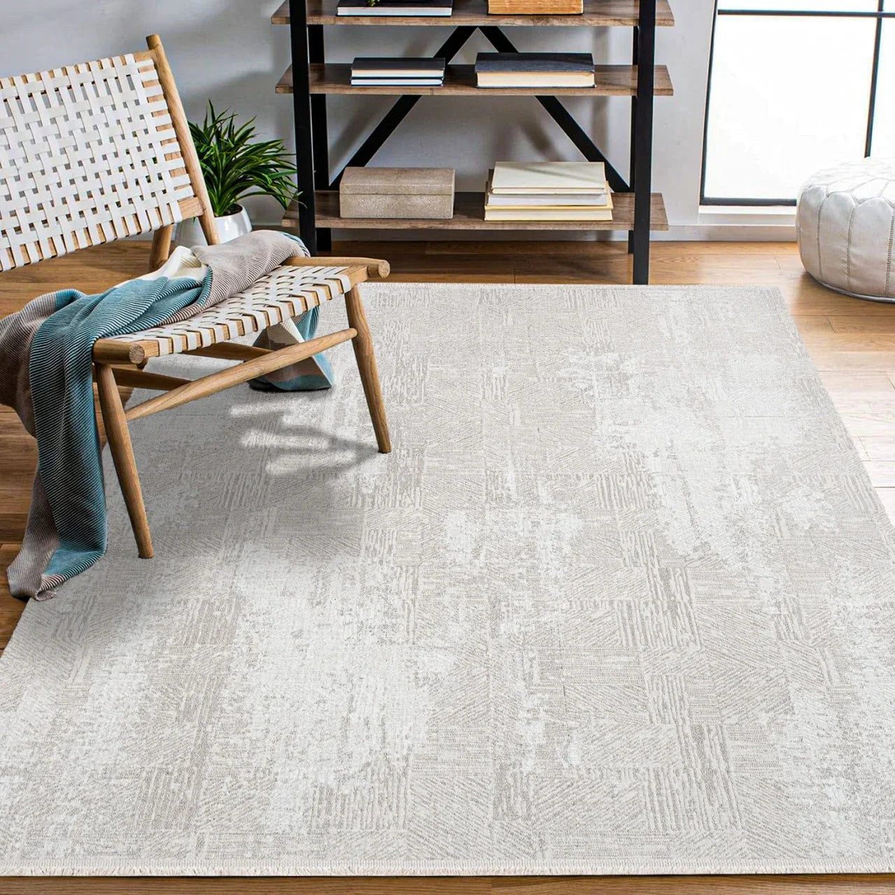 Bej Gri Dokulu Minimalist Halı - Yıkanabilir - Kaymaz Taban - Pati Dostu