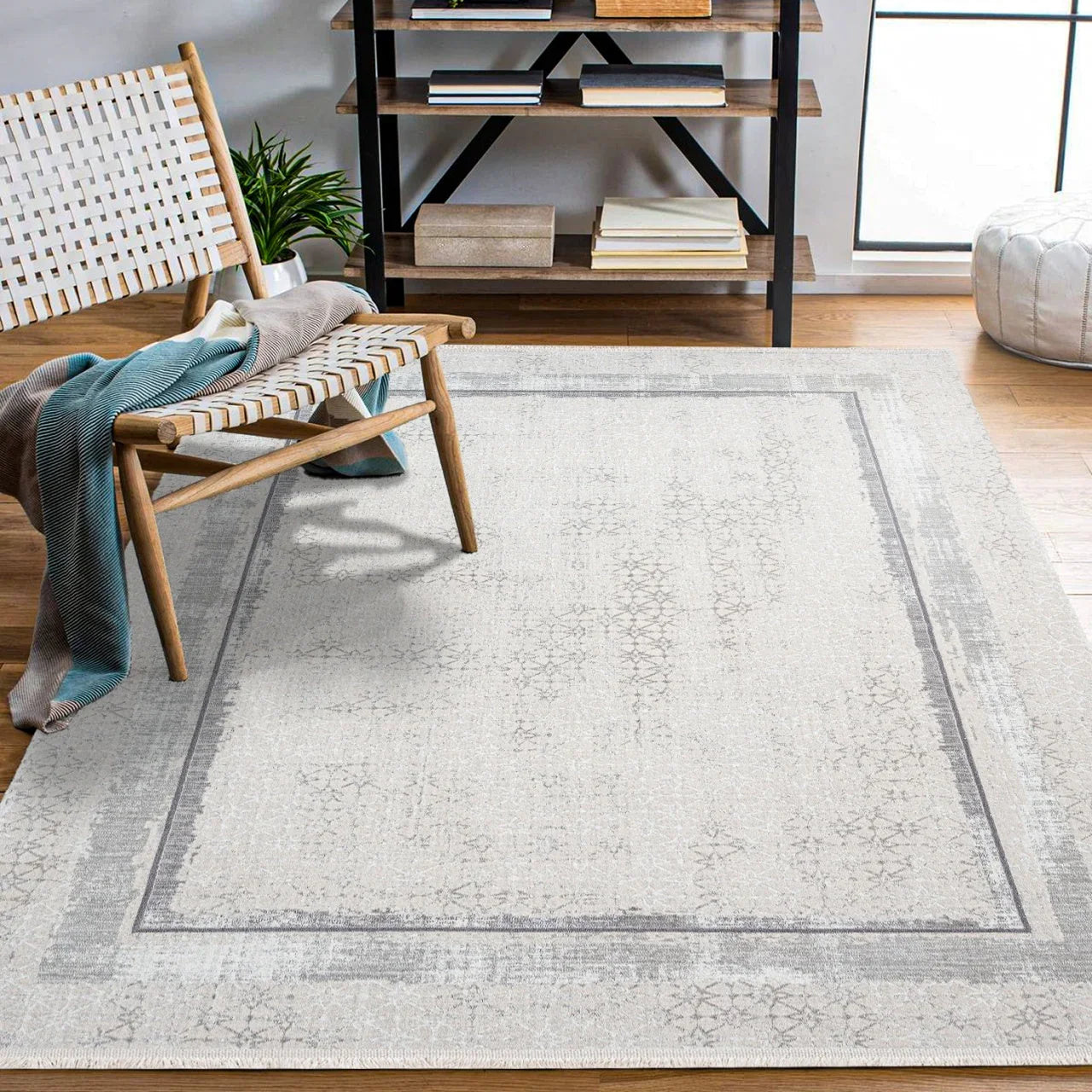 Beyaz Gri Eskitme Minimalist Halı - Yıkanabilir - Kaymaz Taban - Pati Dostu