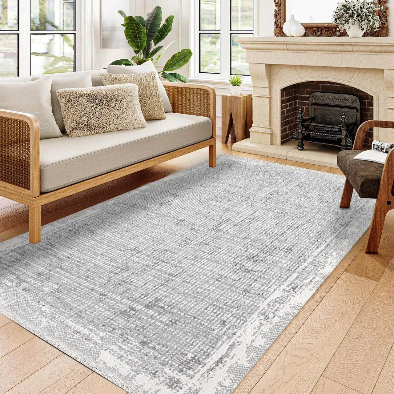 Beyaz Gri Minimalist Modern Halı - Yıkanabilir - Kaymaz Taban - Pati Dostu