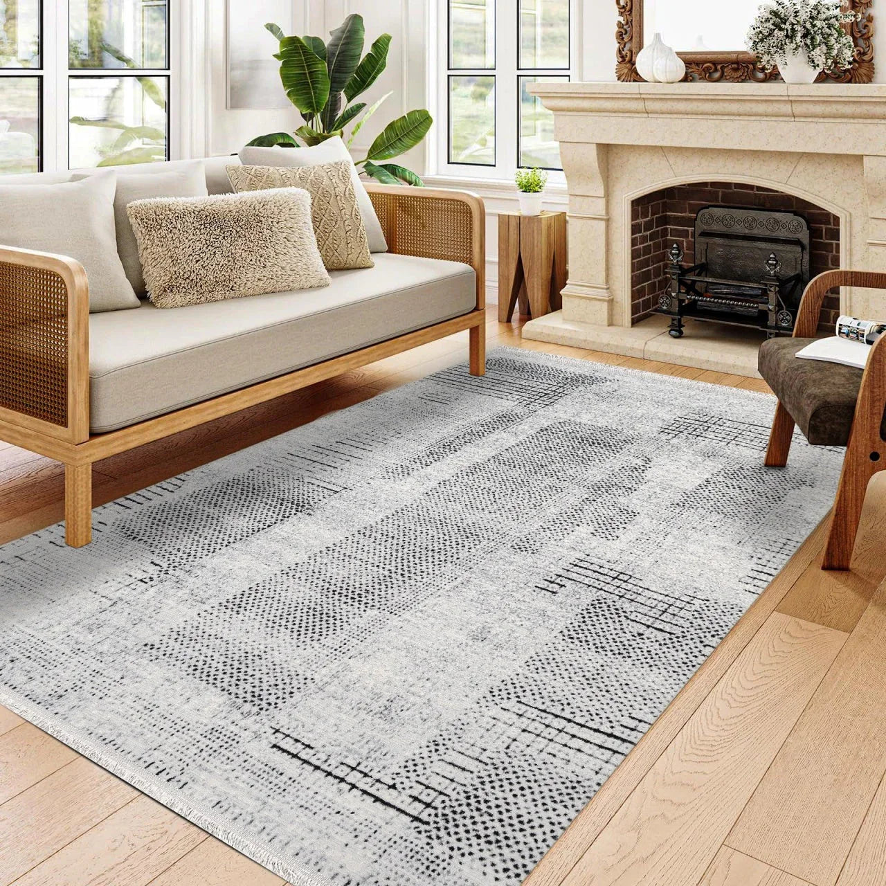 Antrasit Gri Dokulu Minimalist Halı - Yıkanabilir - Kaymaz Taban - Pati Dostu
