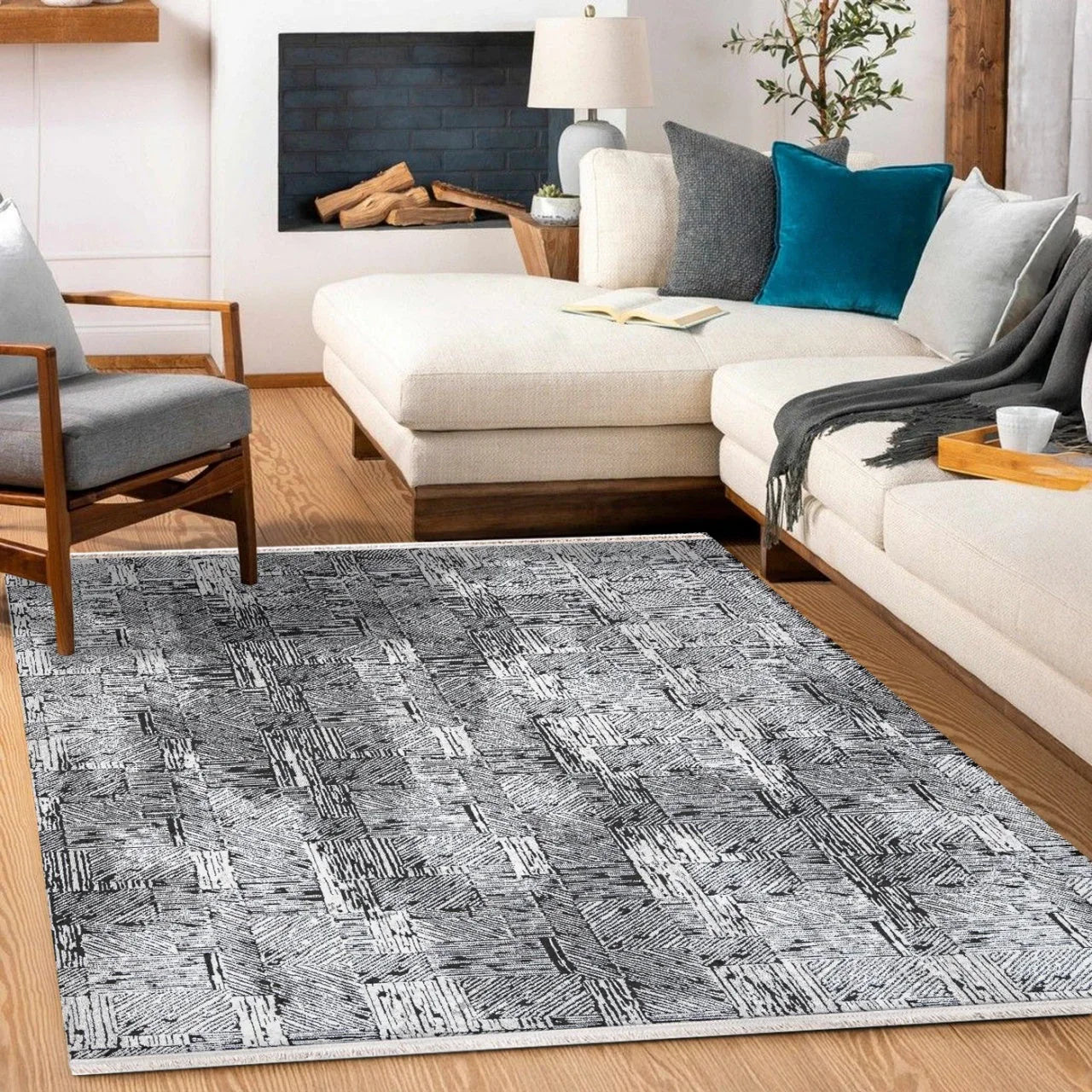 Antrasit Gri Minimalist Modern Halı - Yıkanabilir - Kaymaz Taban - Pati Dostu
