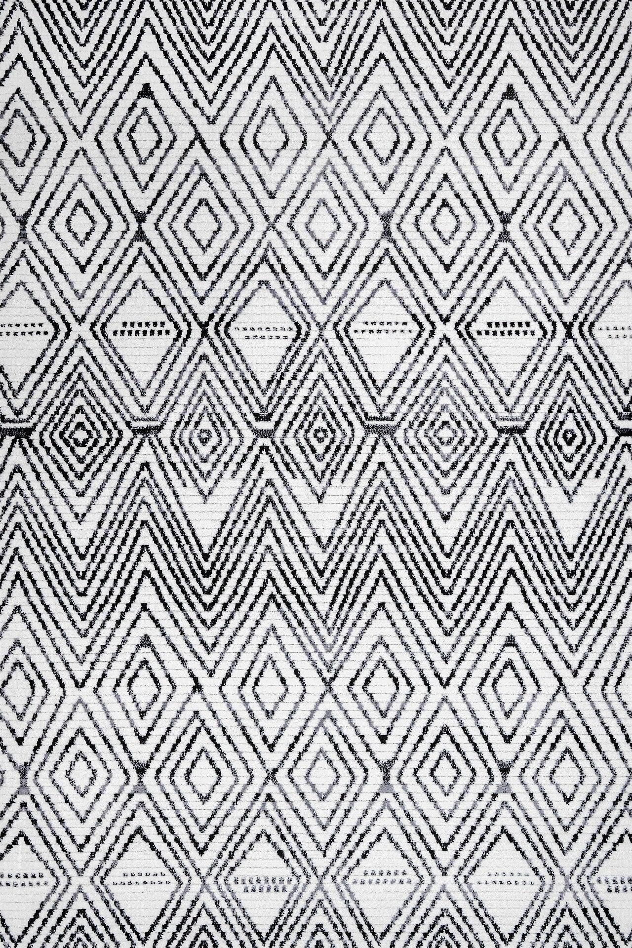 Beyaz Gri Elmas Desenli Geometrik Halı - Yıkanabilir - Kaymaz Taban - Pati Dostu