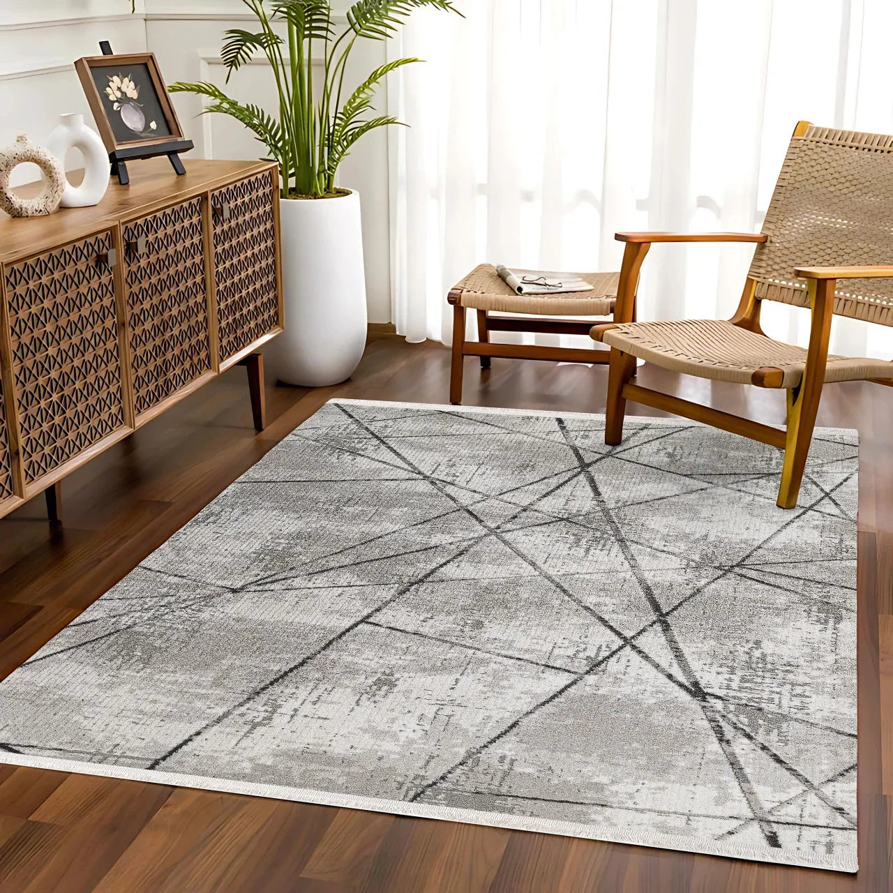 Gri Geometrik Minimalist Halı - Yıkanabilir - Kaymaz Taban - Pati Dostu