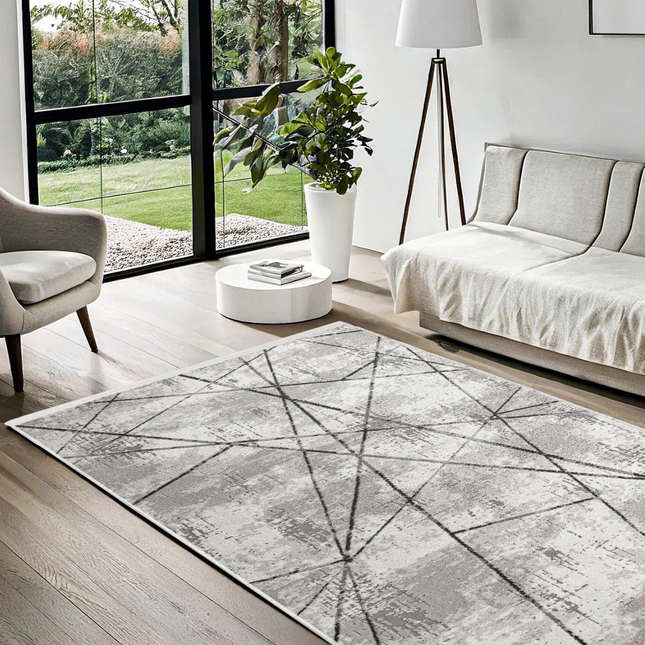 Gri Geometrik Minimalist Halı - Yıkanabilir - Kaymaz Taban - Pati Dostu