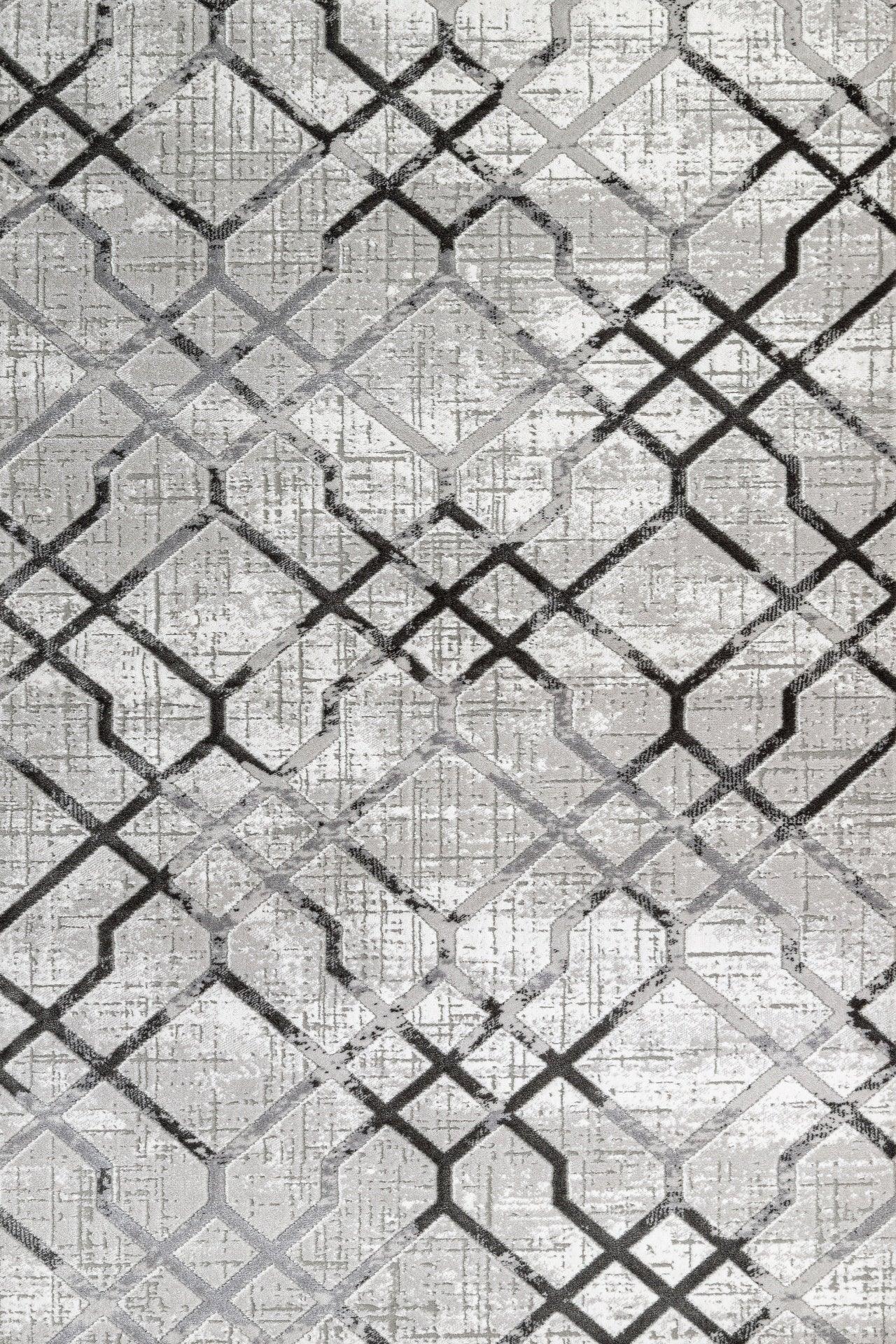 Antrasit Gri Geometrik Kareli Halı - Yıkanabilir - Kaymaz Taban - Pati Dostu