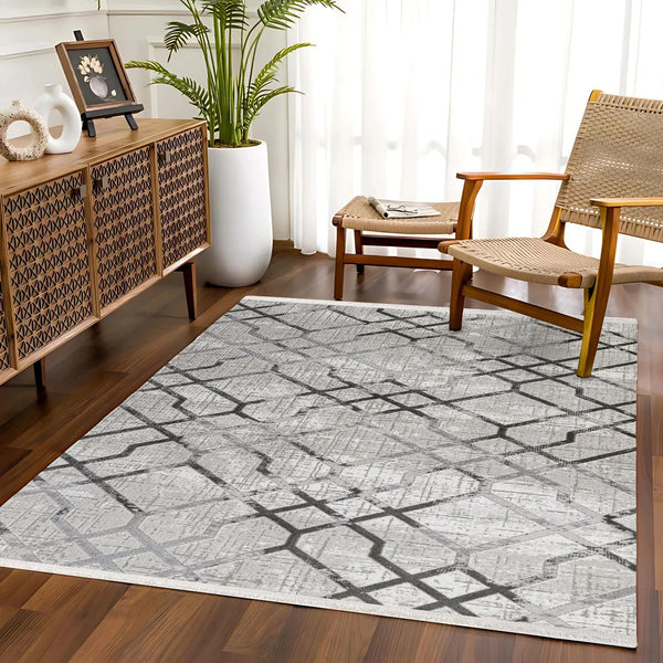 Antrasit Gri Geometrik Kareli Halı - Yıkanabilir - Kaymaz Taban - Pati Dostu